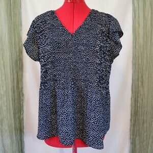 Adrianna Papell Blue with White Dots Pleats Short Ruffle Sleeves Size S Oversize